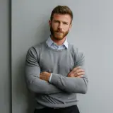 Mężczyzna z brodą w szarym swetrze i błękitnej koszuli, z rękami skrzyżowanymi na piersi. Idealny przykład, jaki sweter do koszuli.