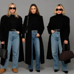 Trzy kobiety prezentują stylowe stylizacje z jeansami, czarne płaszcze i golfy tworzą elegancki kontrast.