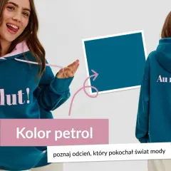 Dziewczyna w bluzie w kolorze petrol z napisem "Salut!". Z tyłu bluzy napis "Au revoir!".