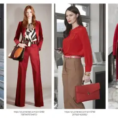 Eleganckie kobiety w stylizacjach z dominującym **kolorem bordowym** i czerwonym. Spodnie, marynarki i płaszcze tworzą modne zestawy.