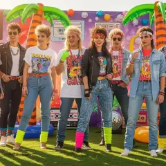 Grupa młodych ludzi w neonowych kolorach i z burzą włosów, uosabiająca styl rockowy lat 80.