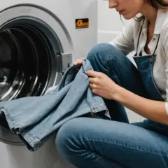 Kobieta w jeansach wkłada do pralki kolejne spodnie. Zastanawia się, w jakiej temperaturze prać jeansy, by zachowały kolor i kształt.