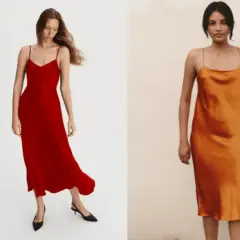 Eleganckie sukienki na ramiączkach w kolorze czerwonym i pomarańczowym. Świetne dress code przykłady na letnie wieczory.