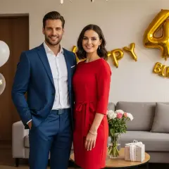 Elegancka para świętuje 40. urodziny. On w granatowym garniturze, ona w czerwonej sukience. Idealne stroje, by wiedzieć, w co się ubrać na 40 urodziny.