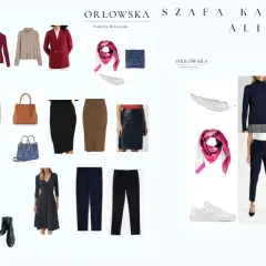 Kolekcja Orłowska Szafa Kapsułowa: płaszcz, marynarki, swetry, spódnice, spodnie, sukienka, torebki, buty i akcesoria. Różne nazwy stylów ubioru.