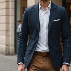 Mężczyzna w granatowej marynarce, białej koszuli i brązowych spodniach, prezentujący elegancki dress code.