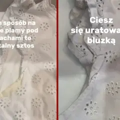 Biała bluzka z haftem, po lewej widać żółte plamy pod pachami, po prawej czysta. Ten sposób na jak odplamić białą bluzkę to hit!