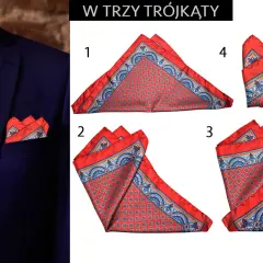 Elegancka poszetka w granatowej marynarce. Obok cztery sposoby jej składania w trójkąty.