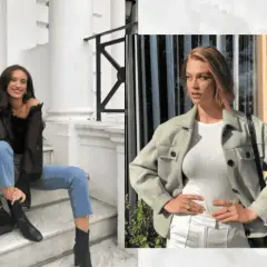 Dwie kobiety prezentują stylowe stylizacje do kina: jedna w czarnej bluzce i jeansach, druga w jasnej kurtce i białym topie.