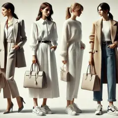 Sześć kobiet prezentuje stylizacje pełne elegancji: od luźnych spodni i swetrów po klasyczne płaszcze i sukienki.