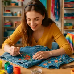 Kobieta maluje pędzlem wzory na jeansie.