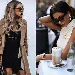Eleganckie stylizacje na wyjście do pubu: czarna sukienka z beżowym płaszczem i torebką, biały golf z naszyjnikiem i okularami.