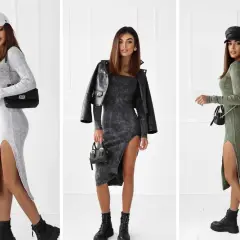 Trzy kobiety prezentują modny styl ubioru: dopasowane sukienki z rozcięciem, botki i torebki.