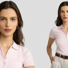 Kobieta w różowej koszulce polo i beżowych spodniach, z brązowym paskiem. Dowiedz się, jak nosić koszulkę polo.