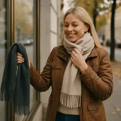 Kobieta w brązowej kurtce zastanawia się, jaki szalik do brązowego płaszcza będzie najlepszy. Ma w ręku ciemnoszary szalik, a na szyi beżowy.