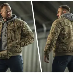 Mężczyzna w kurtce w kamuflażu, styl militarny, z torbą na biodrach.