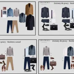 Męski strój business casual: marynarki, koszule, swetry, spodnie, buty, torby i akcesoria. Idealne zestawy do pracy.