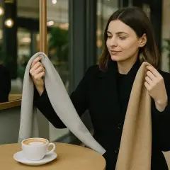 Kobieta w czarnym płaszczu zastanawia się, jaki szalik do czarnego płaszcza damskiego wybrać: jasnoszary czy beżowy.
