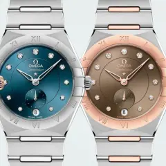 Cztery damskie zegarki Omega Constellation z tarczami w różnych kolorach i zdobieniami z diamentów.