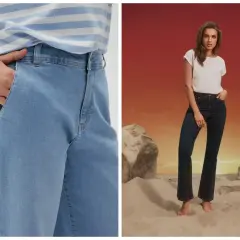Zbliżenie na jasne jeansy i kobieta w ciemnych jeansach dzwonach na tle pustynnego krajobrazu.