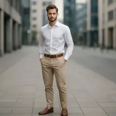 Elegancki mężczyzna w białej koszuli i jasnych spodniach, idealny przykład, jaka koszula do jasnych spodni pasuje na co dzień i do pracy.