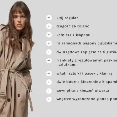 Modelka prezentuje beżowy trencz z paskiem w talii. Dowiedz się, jak nosić trencz, by wyglądać stylowo.