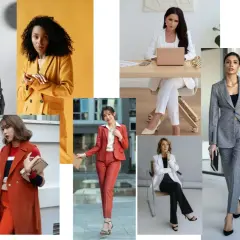 Kobiety w eleganckich stylizacjach biznesowych: garnitury, marynarki, spodnie. Różne kolory i wzory, inspiracje do **business dress code**.