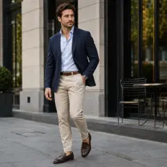 Mężczyzna w granatowej marynarce i beżowych spodniach, prezentujący styl smart casual, idzie chodnikiem przed kawiarnią.