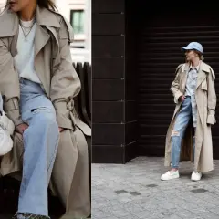 Inspiracja na co dzień: jak się ubierać w beżowy prochowiec, jeansy i sneakersy. Casualowy szyk.