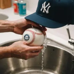 Ręce płuczą piłkę baseballową pod bieżącą wodą, przygotowując się do tego, jak wyprać czapkę z daszkiem.