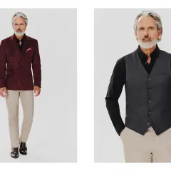 Elegancki mężczyzna prezentuje dwie stylizacje: bordowa marynarka dwurzędowa do czarnej koszuli i beżowych spodni; szara kamizelka do czarnej koszuli i beżowych spodni.