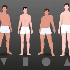 Cztery sylwetki męskie o różnej budowie ciała, ilustrujące jak zmierzyć spodnie w biodrach.