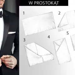 Elegancki mężczyzna w czarnej marynarce z poszetką. Obok instrukcja składania poszetki w prostokąt.