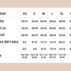 Tabela rozmiarów damskich: jaki to rozmiar spodni damskich? Polska 32/34 to XS, 40/42 to M, 48/50 to XL.