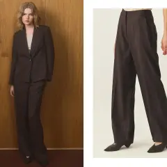 Eleganckie stylizacje wieczorowe ze spodniami: ciemny garnitur damski i szerokie spodnie z wysokim stanem.