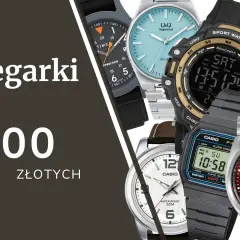 Kolaż męskich zegarków w różnych stylach i kolorach, z napisem "Zegarki do 300 złotych".