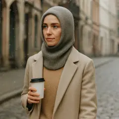 Kobieta w beżowym płaszczu i szarej balaklawie, trzymająca kubek kawy, spaceruje po zaśnieżonej ulicy. Balaklawa co to? To idealna ochrona przed zimnem.