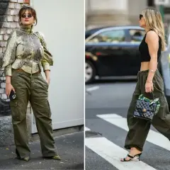 Dwie kobiety w spodniach cargo w kolorze khaki, który to kolor jest uniwersalny i modny. Jedna w bluzce z wzorem, druga w czarnym topie.