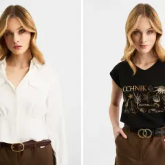 Dwie kobiety w stylizacjach z paskami. Jedna w białej koszuli, druga w czarnej bluzce z motywem muszli. Jaki pasek do jeansów damskich? Oba modele są stylowe.