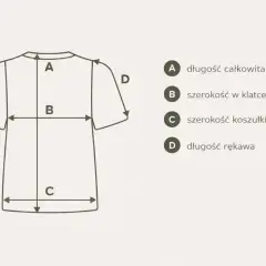Schemat pokazuje, jak dobrać rozmiar t-shirt: długość całkowita (A), szerokość w klatce (B), szerokość w pasie (C) i długość rękawa (D).