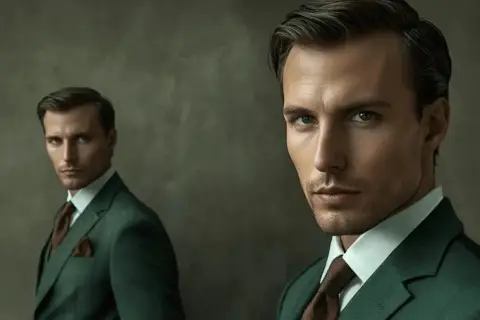 Elegancki mężczyzna w zielonym garniturze i brązowym krawacie. Idealna inspiracja, jaki krawat do zielonego garnituru.