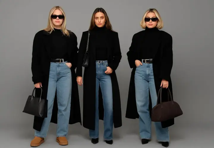 Trzy kobiety prezentują stylowe stylizacje z jeansami, czarne płaszcze i golfy tworzą elegancki kontrast.