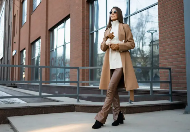 Elegancka kobieta w płaszczu i brązowych spodniach. Idealny przykład, z czym łączyć kolor karmelowy, tworząc stylowy look.