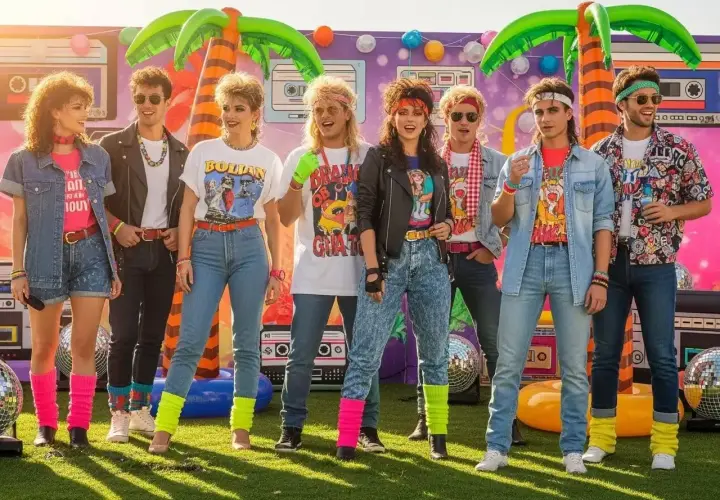 Grupa młodych ludzi w neonowych kolorach i z burzą włosów, uosabiająca styl rockowy lat 80.