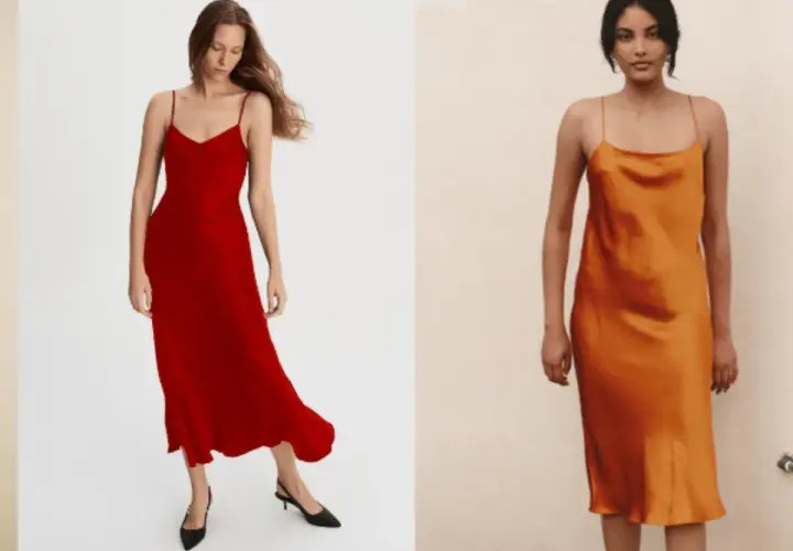 Eleganckie sukienki na ramiączkach w kolorze czerwonym i pomarańczowym. Świetne dress code przykłady na letnie wieczory.