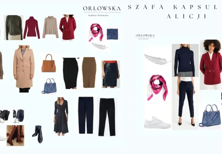 Kolekcja Orłowska Szafa Kapsułowa: płaszcz, marynarki, swetry, spódnice, spodnie, sukienka, torebki, buty i akcesoria. Różne nazwy stylów ubioru.