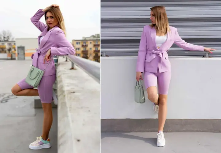 Stylizacja w odcieniach fioletu z różem: marynarka i kolarki tworzą modny duet.