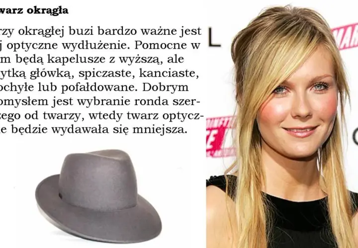 Jaki kapelusz do okrągłej twarzy? Wybierz ten z wyższą główką i szerokim rondem, by optycznie wysmuklić buzię.