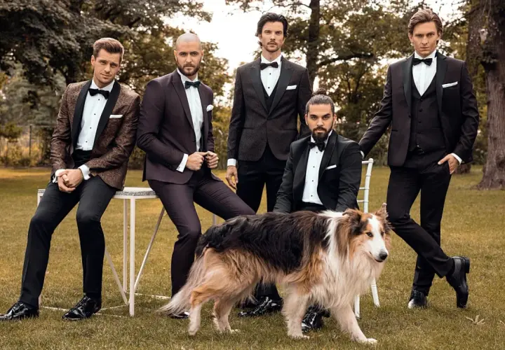 Eleganccy panowie w smokingach i błyszczących butach, a obok nich pies. Idealne połączenie stylu i klasy, pokazujące jakie buty do smokingu pasują najlepiej.