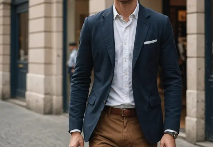 Mężczyzna w granatowej marynarce, białej koszuli i brązowych spodniach, prezentujący elegancki dress code.